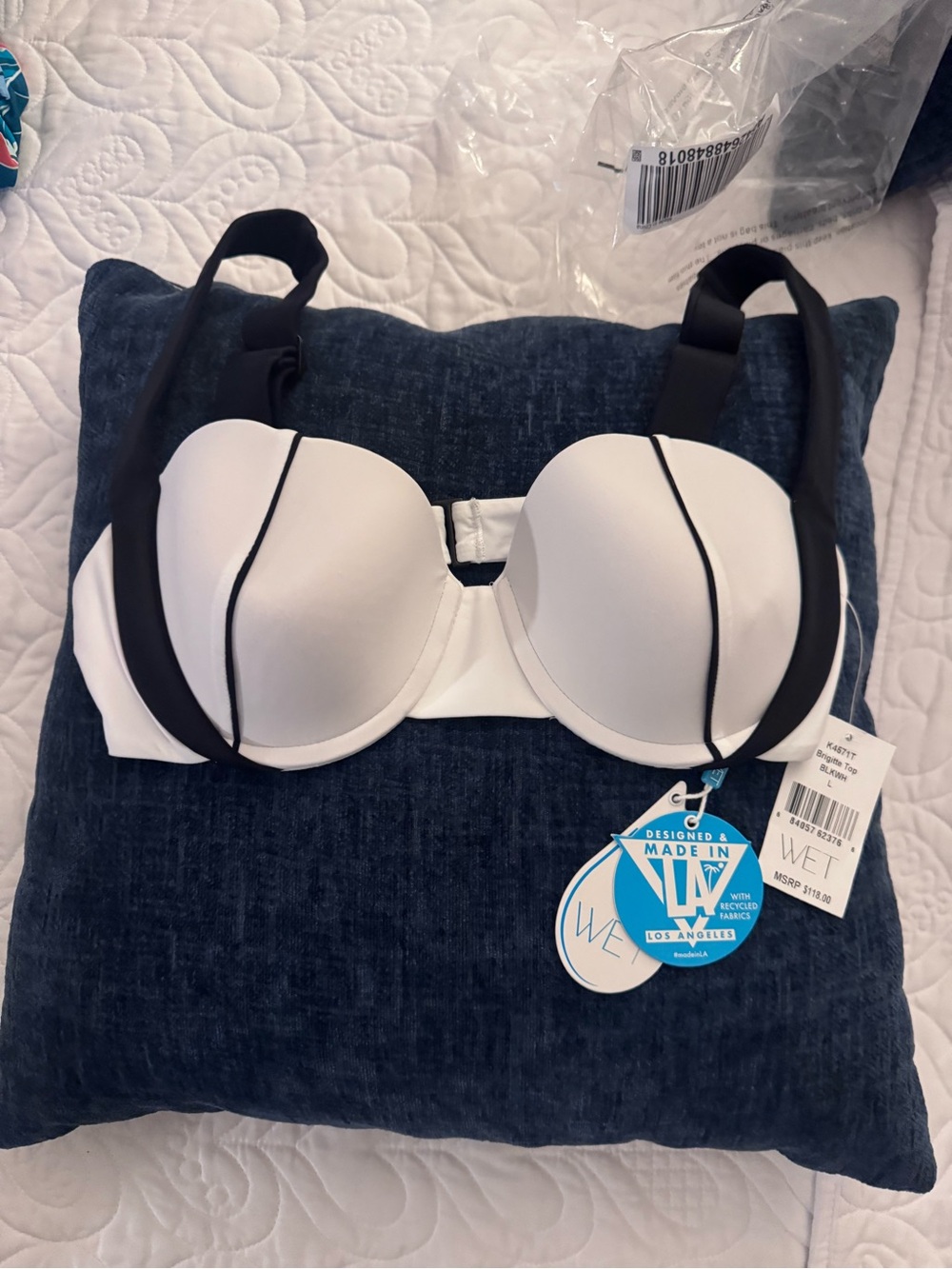 WET Swimwear White and Black Piped Bikini Top size Large